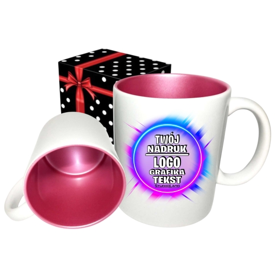 Foto kubek ze zdjęciem wnętrze PERŁOWE RÓŻOWE personalizowany Napis Logo Grafika pudełko GRATIS